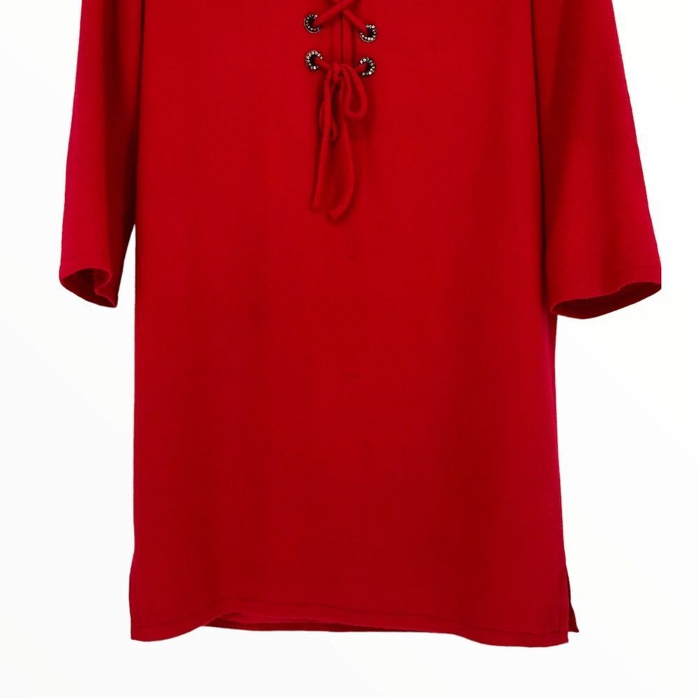 70’s Vintage Bill Blass Red Neiman Marcus Crisscross Lace Up Elbow Sleeve Dress - Picture 5 of 16